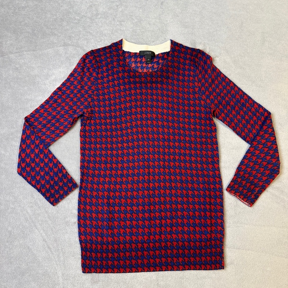 J. Crew Sweater Women's XS Tippi Blue Red Houndstooth 100% Merino Wool F8262